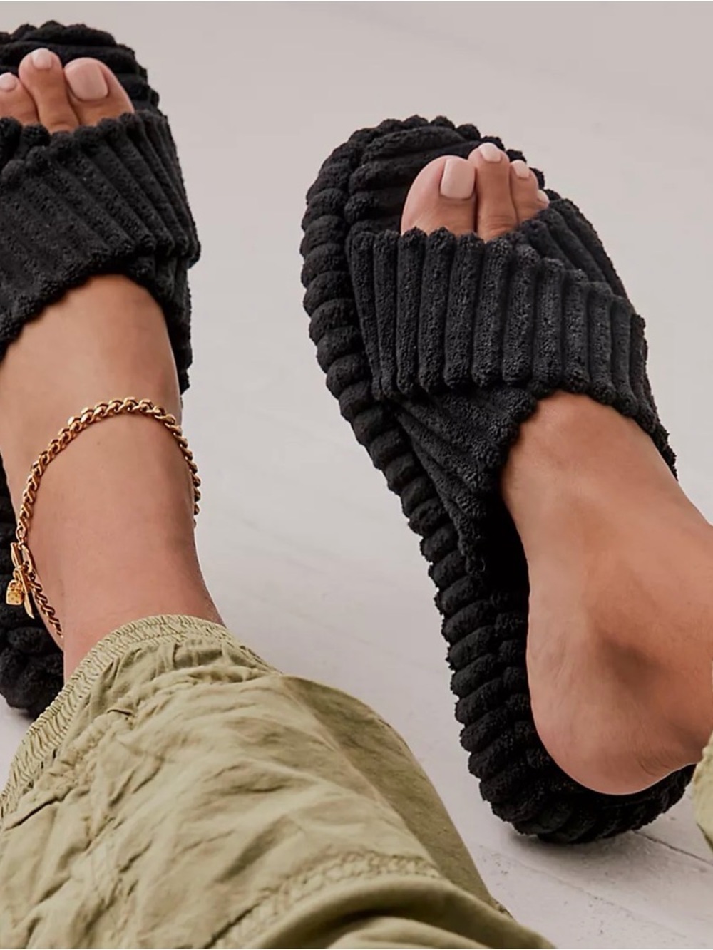 Free People Ribbed Plush Crossband Slide Sandals - Black